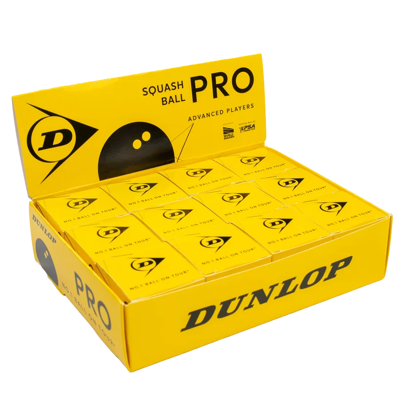 Bolas de Squash Dunlop Pro Ponto Amarelo Duplo (Caixa de 1 Dúzia)